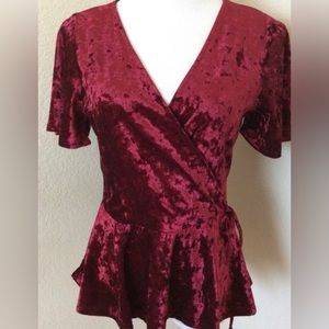 Red blouse crushed velvet V neck wrap chest peplum